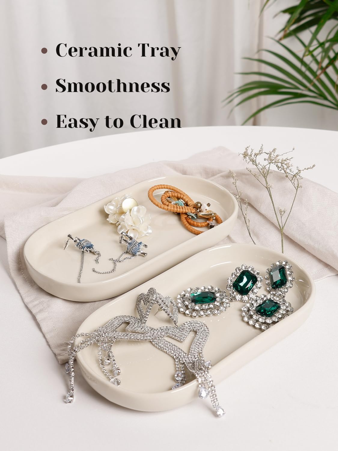 7" Ceramic Bathroom Vanity Tray Set- Bathroom Organizer Countertop Tray / Beige / Set of 2