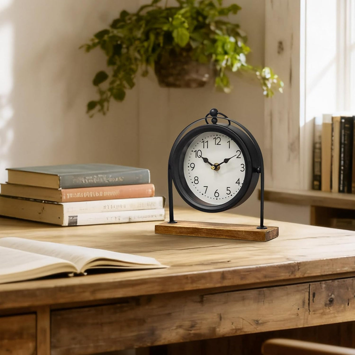 Vintage Small Table Clock, Black Metal Farmhouse Table Clock with Wooden Base, Silent Non-Ticking Battery Operated Desk