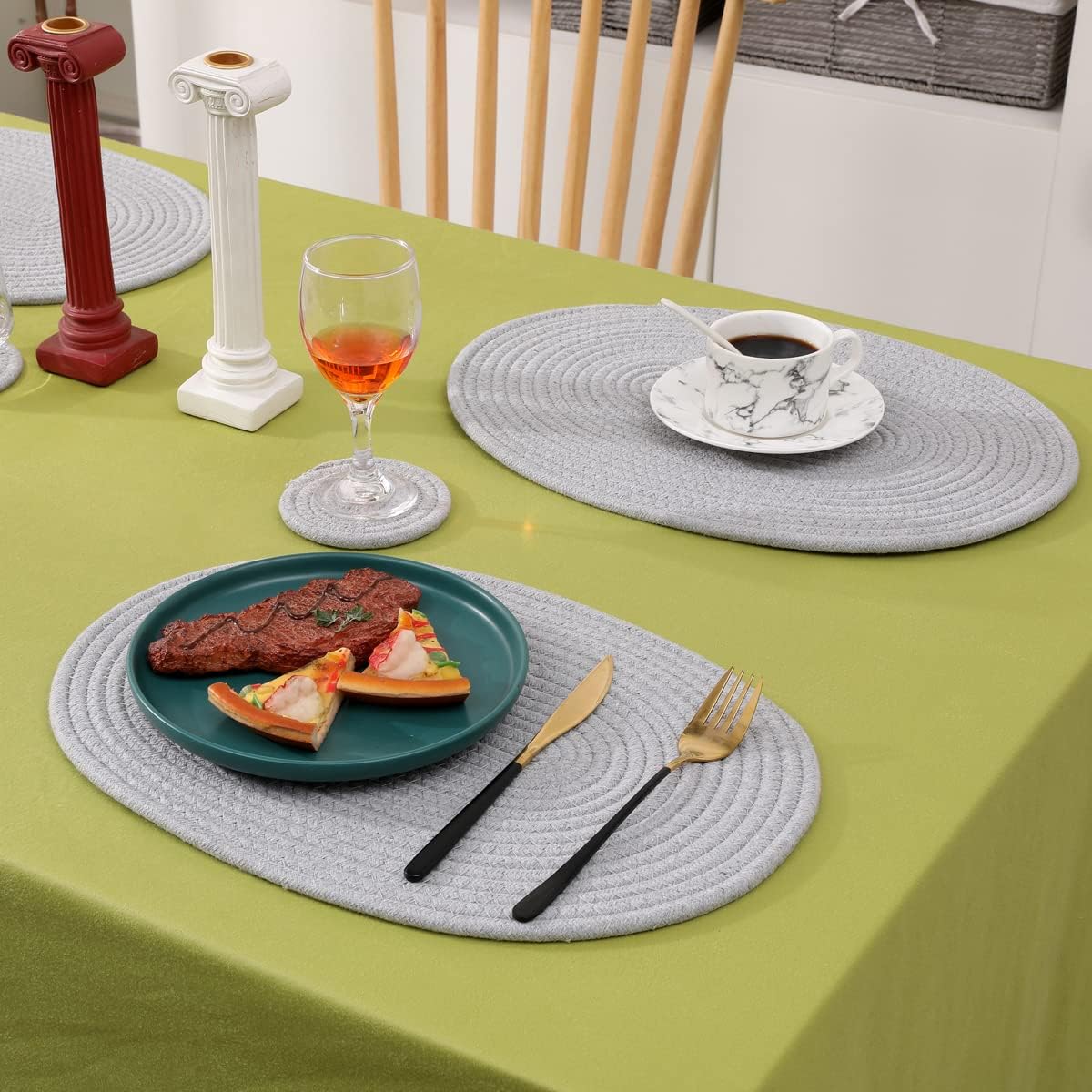 6 Pack Woven Placemats, 12x16 inches Gray Oval Plate Charger Cotton Heat Resistant Non-Slip Weave Place mats Farmhouse