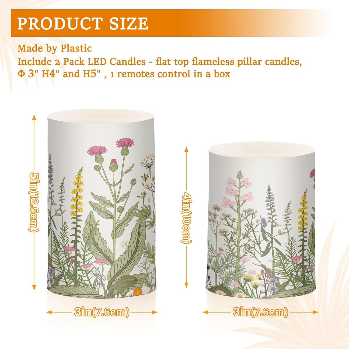 Flickering Flameless Candles, Flowers Herbs Wildflowers Botanical LED Candles with Remote Timer, Set of 2 Battery