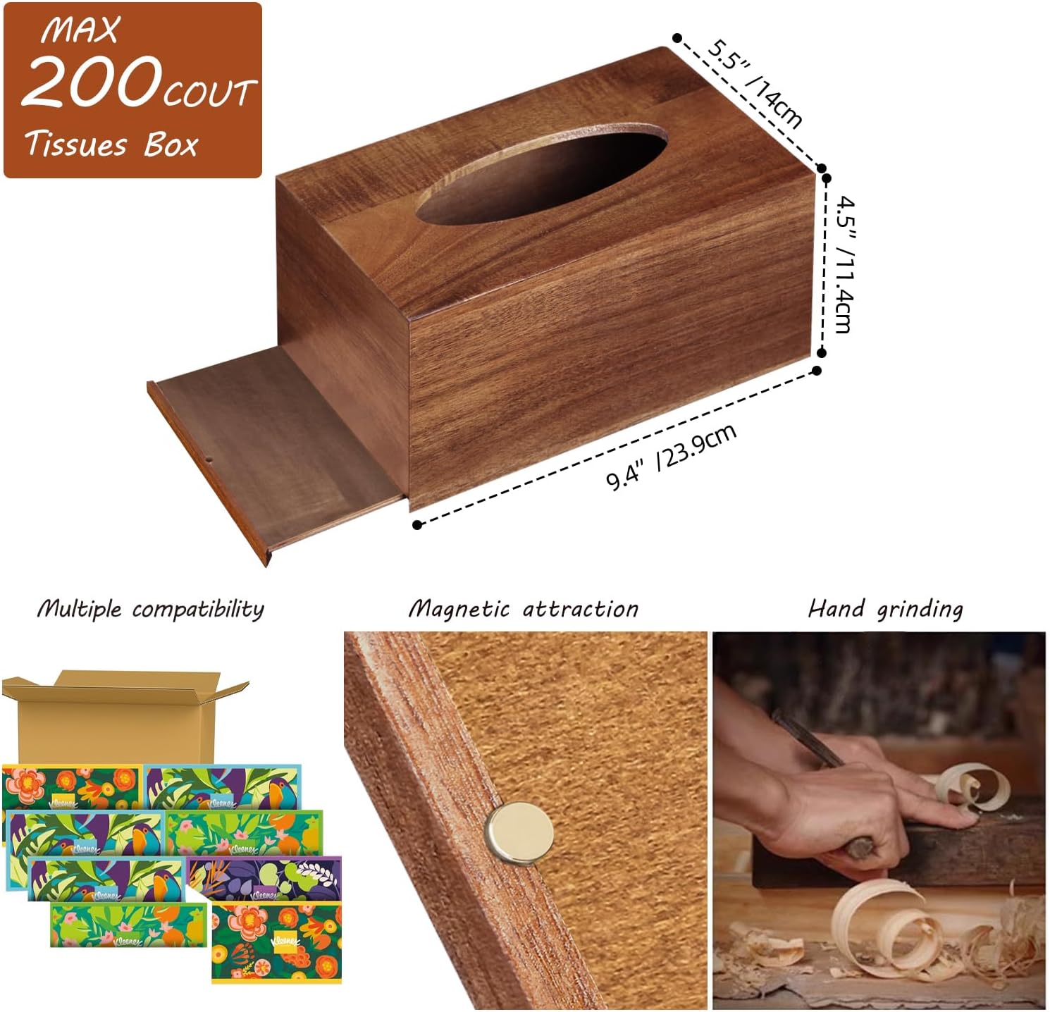 Acacia Wood Tissue Box Cover Rectangle / Brown