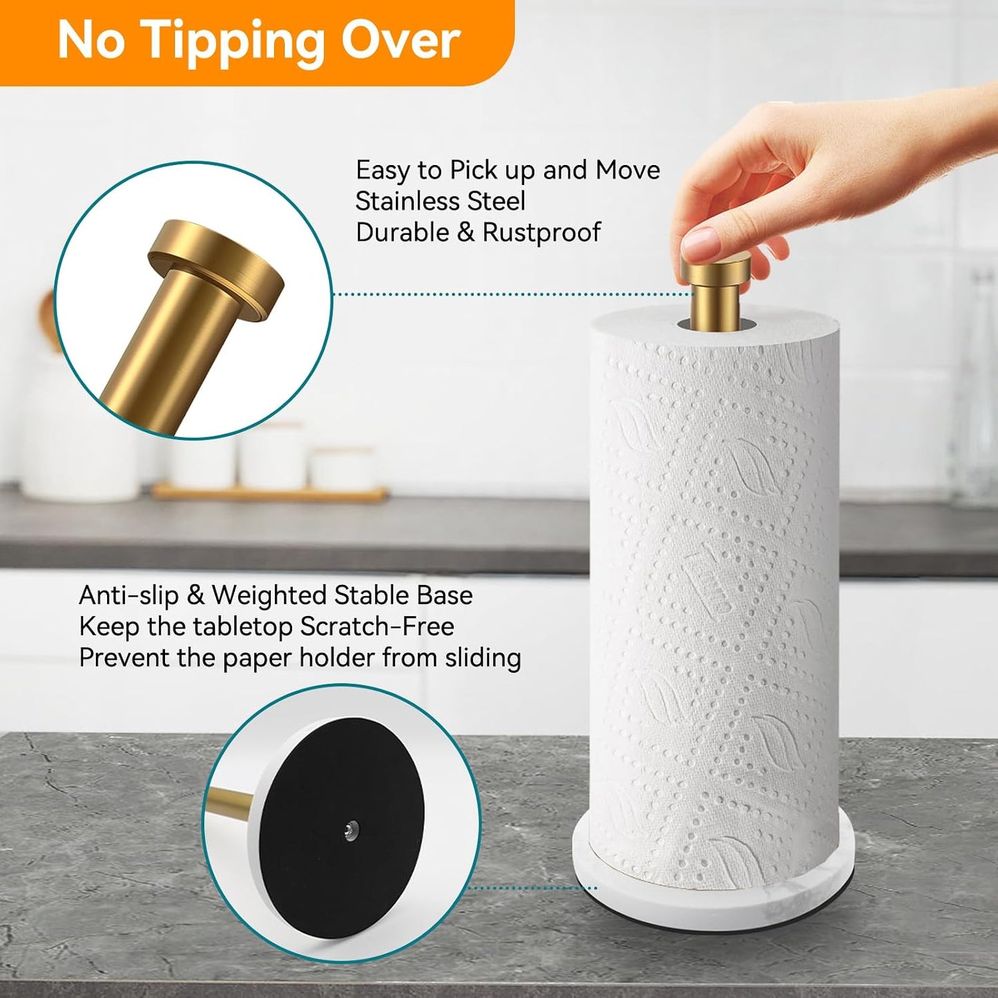 Gold Paper Towel Holder, with Anti Slip Weighted Marble Base | Stainless Steel, One Handed Operation, Countertop Towel