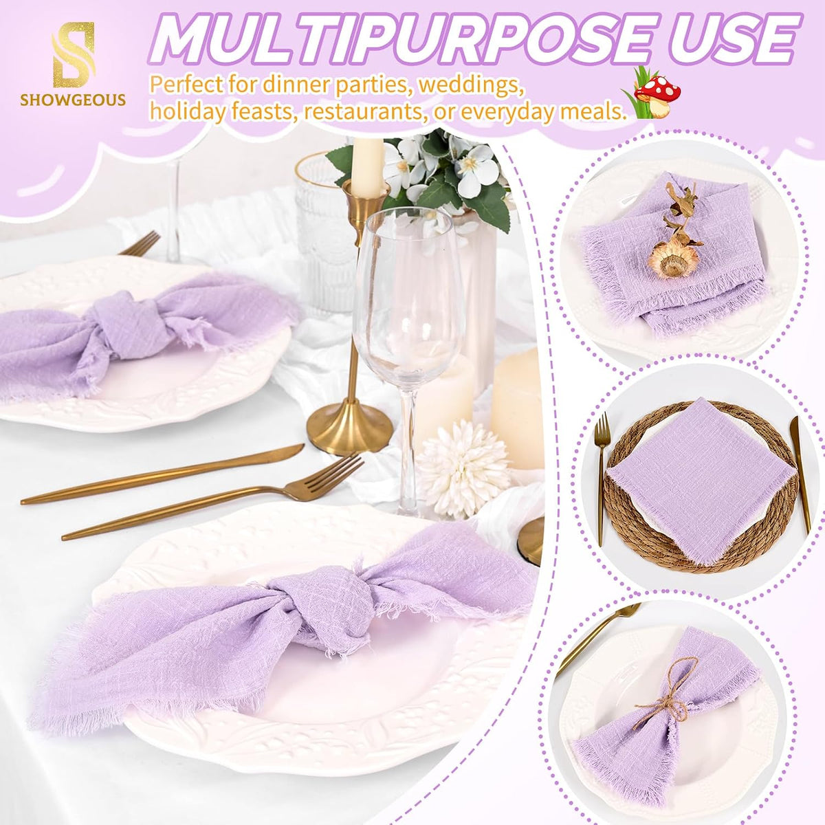 Showgeous 30 Pack Lavender Cloth Napkins with Fringe, 16x16 inch | 100% Cotton Purple Napkins Handmade Dinner Napkins