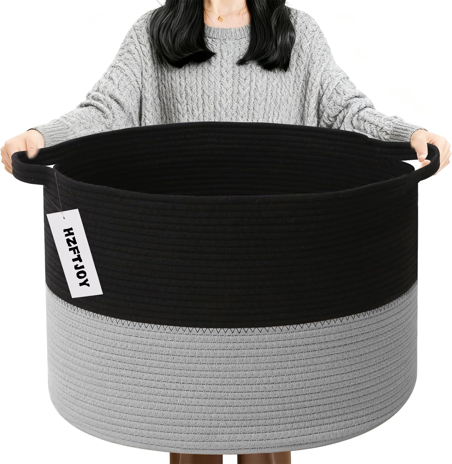 90L Large Blanket Basket,Woven Laundry Basket-Black&Light Grey