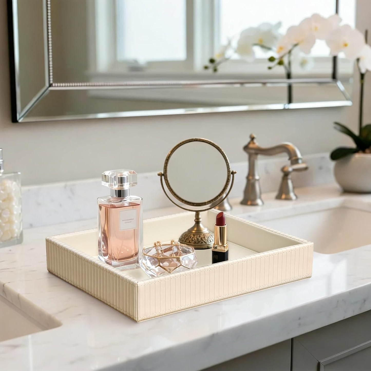 Faux Leather Vanity Tray / Creamwhite Stripe / 10.2 x 8.4 x 1.8