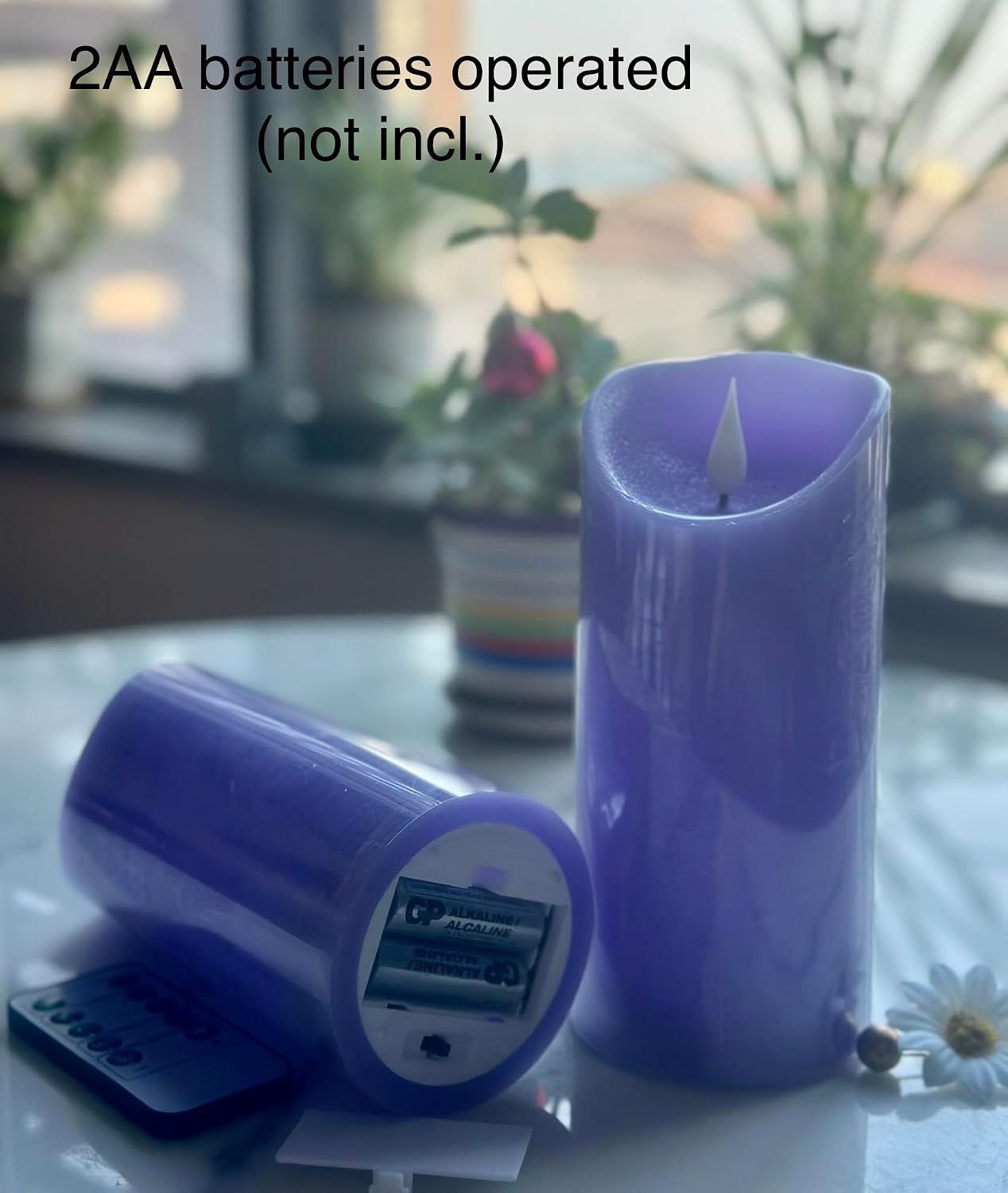 Adoria Large Purple Flameless Candles Remote and Timer Set of 2- Real Wax Pillar Candles with 3D Realistic