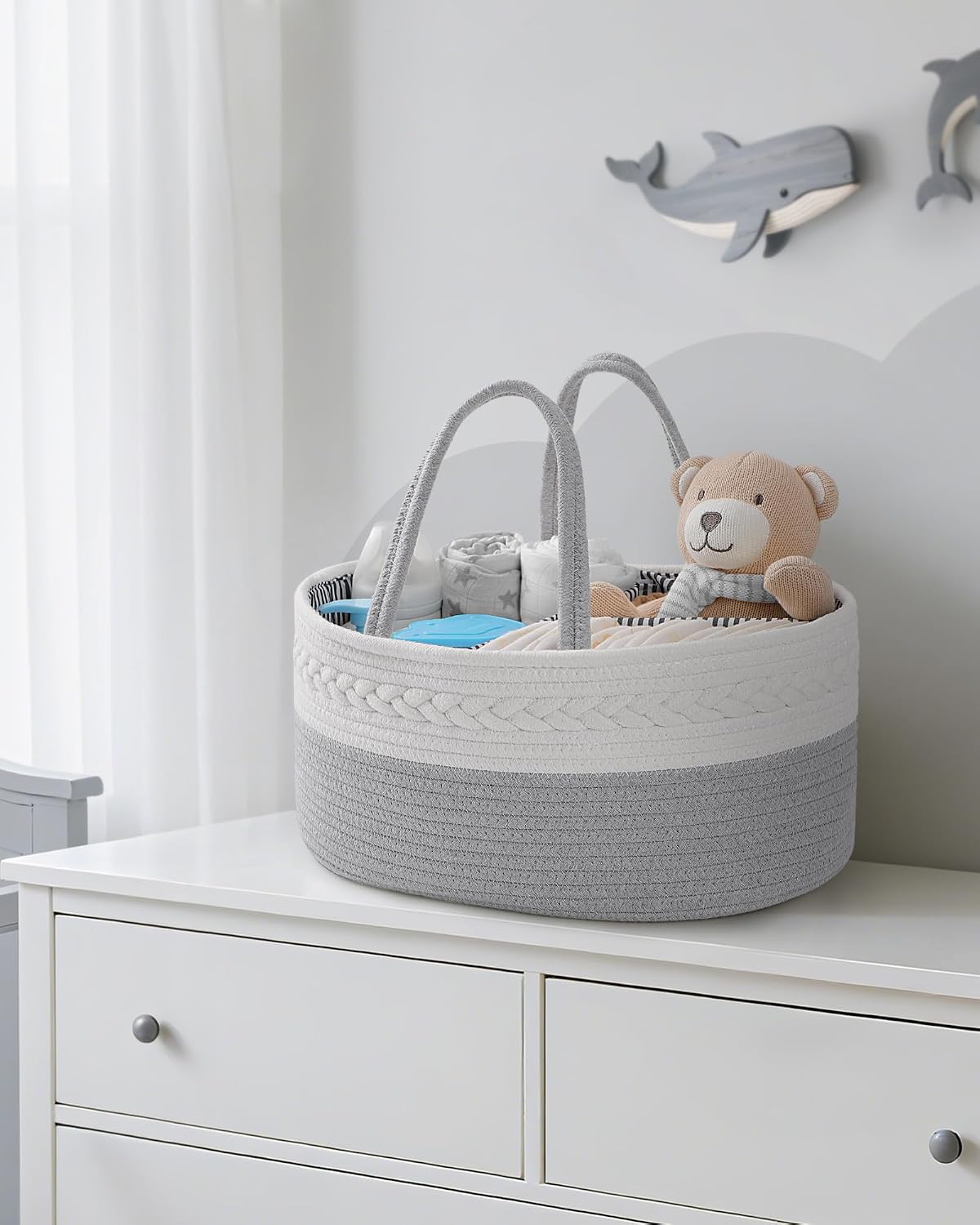 Diaper Caddy Organizer for Baby Boy- Cotton Rope for Changing Table / Large / Grey