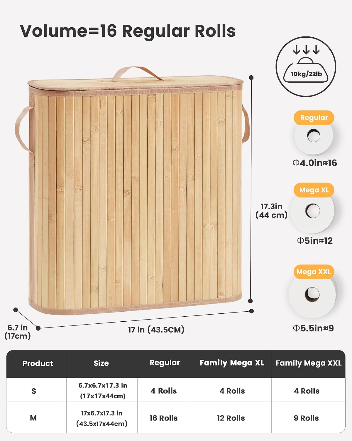 Bamboo Toilet Paper Storage Basket with Lid & Handle - 32L Large Capacity Handwoven Bathroom Organizer for 16 Rolls