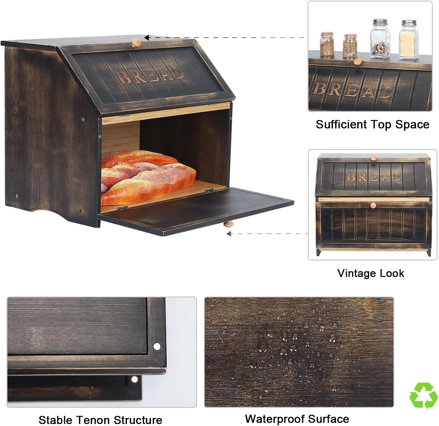 HOMEKOKO Vintage Double Layer Large Bread Box, Wood Bread Storage Bin,Black | Keeps Bread Fresh 3-4 Days, 2-Tier