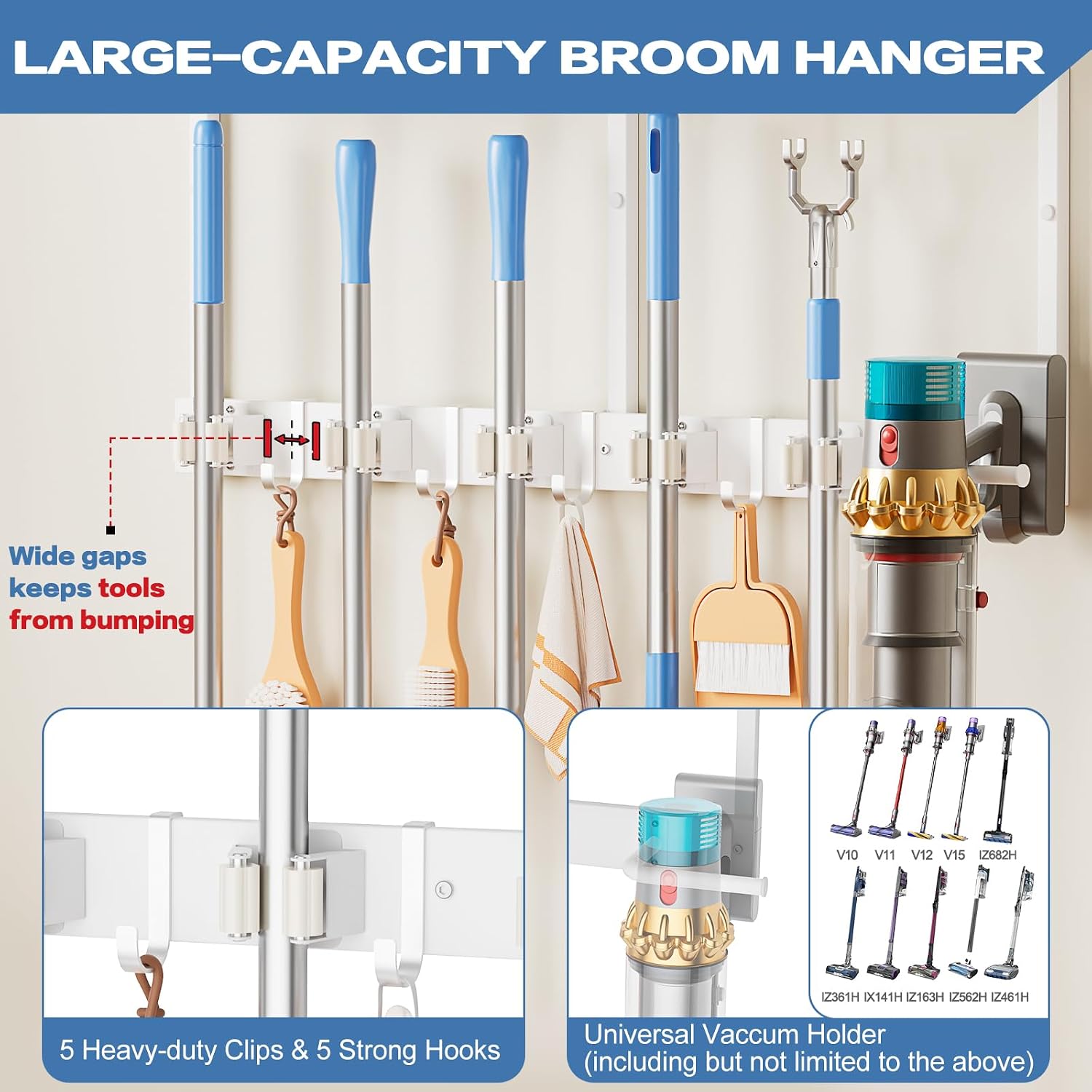 Broom Holder Wall Mount with Cleaning Supplies Organizer, Laundry Room Organization and Storage Shelf with Mop Hanger