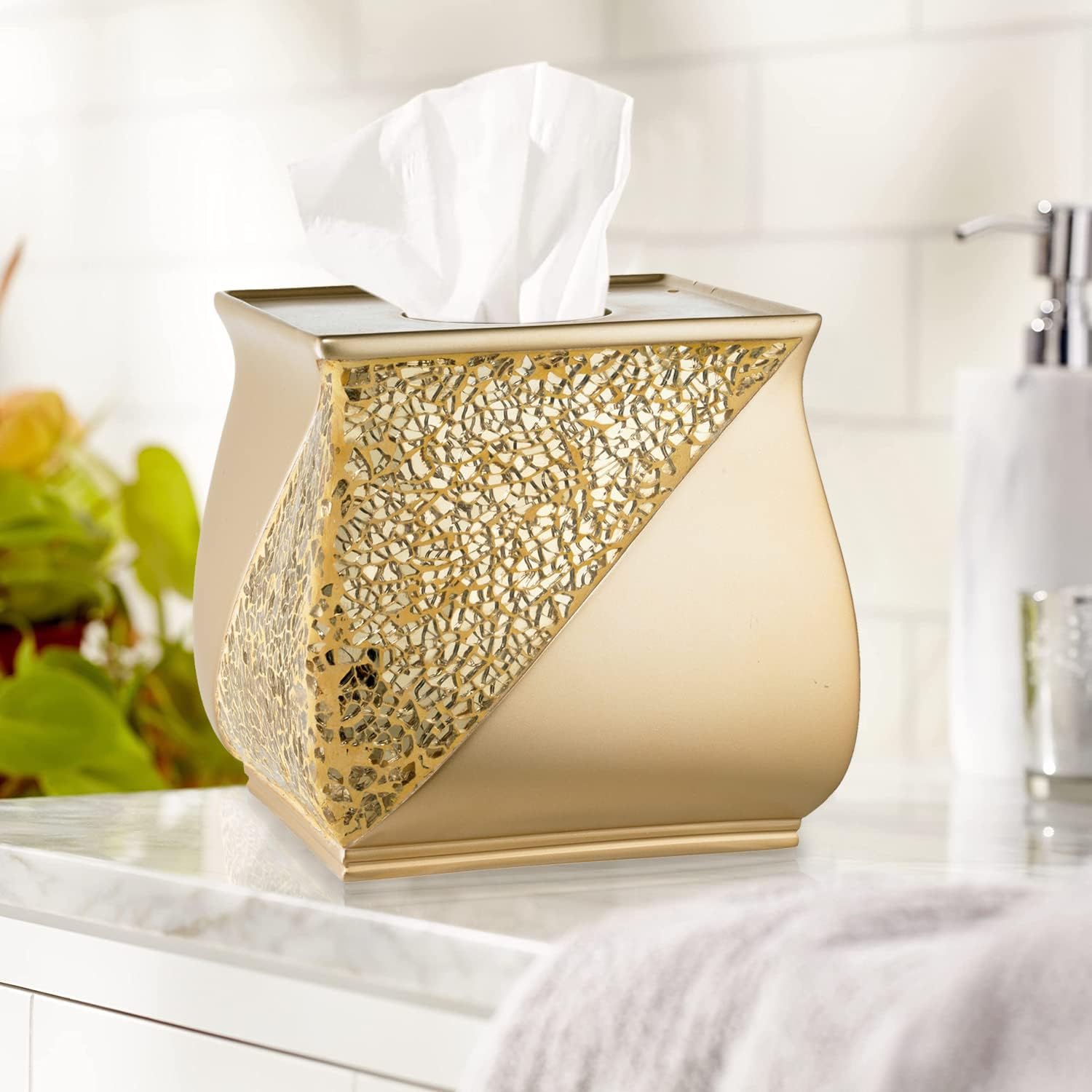 Zahari Home 2pc Sinatra Modern Bath Accessories Set Waste Basket & Tissue Box Champagne Gold Modern Decorative