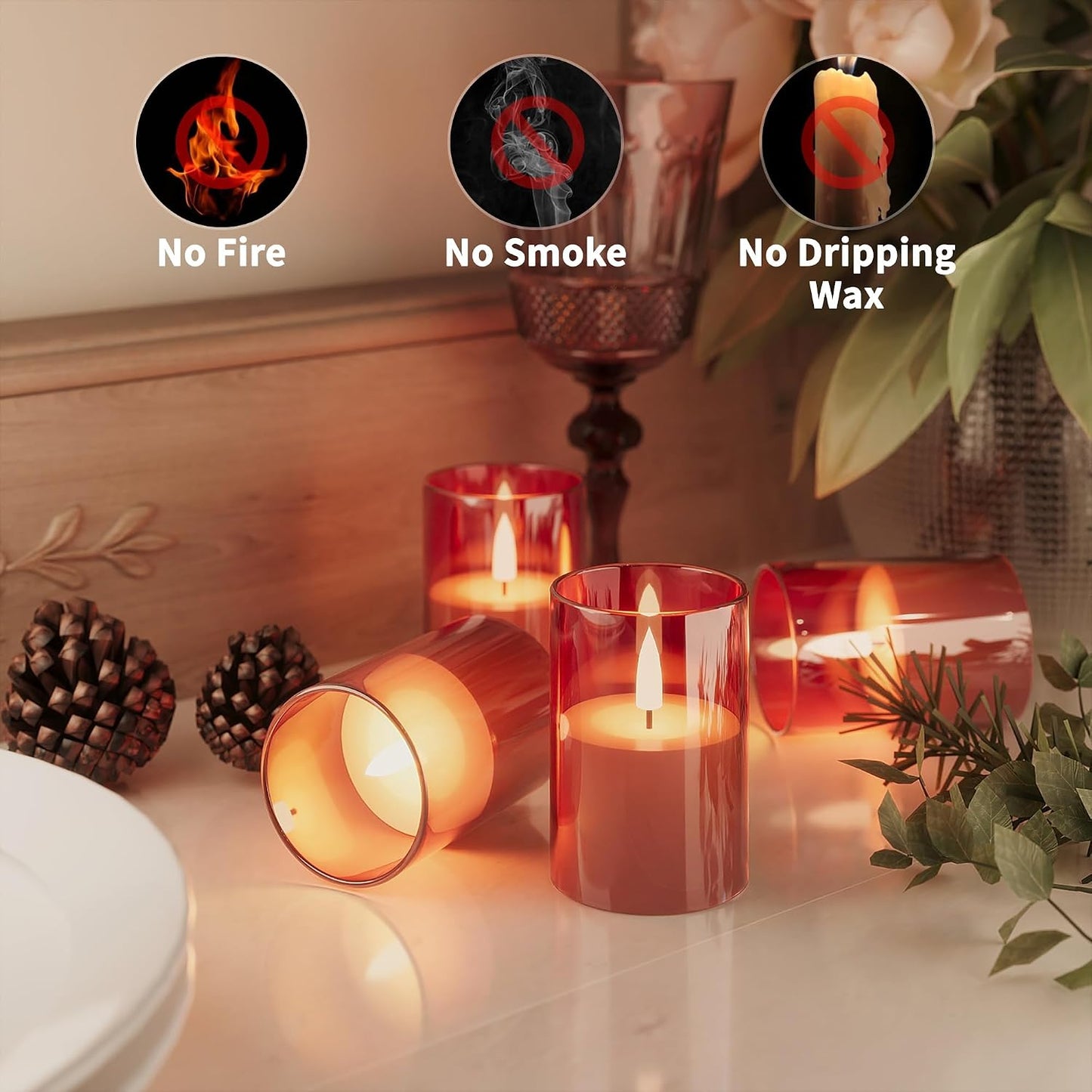 12Pack Flameless LED Candles with Timer, Battery Operated, Red, 2"x3" | Small Pillar & Votive Candle with Realistic