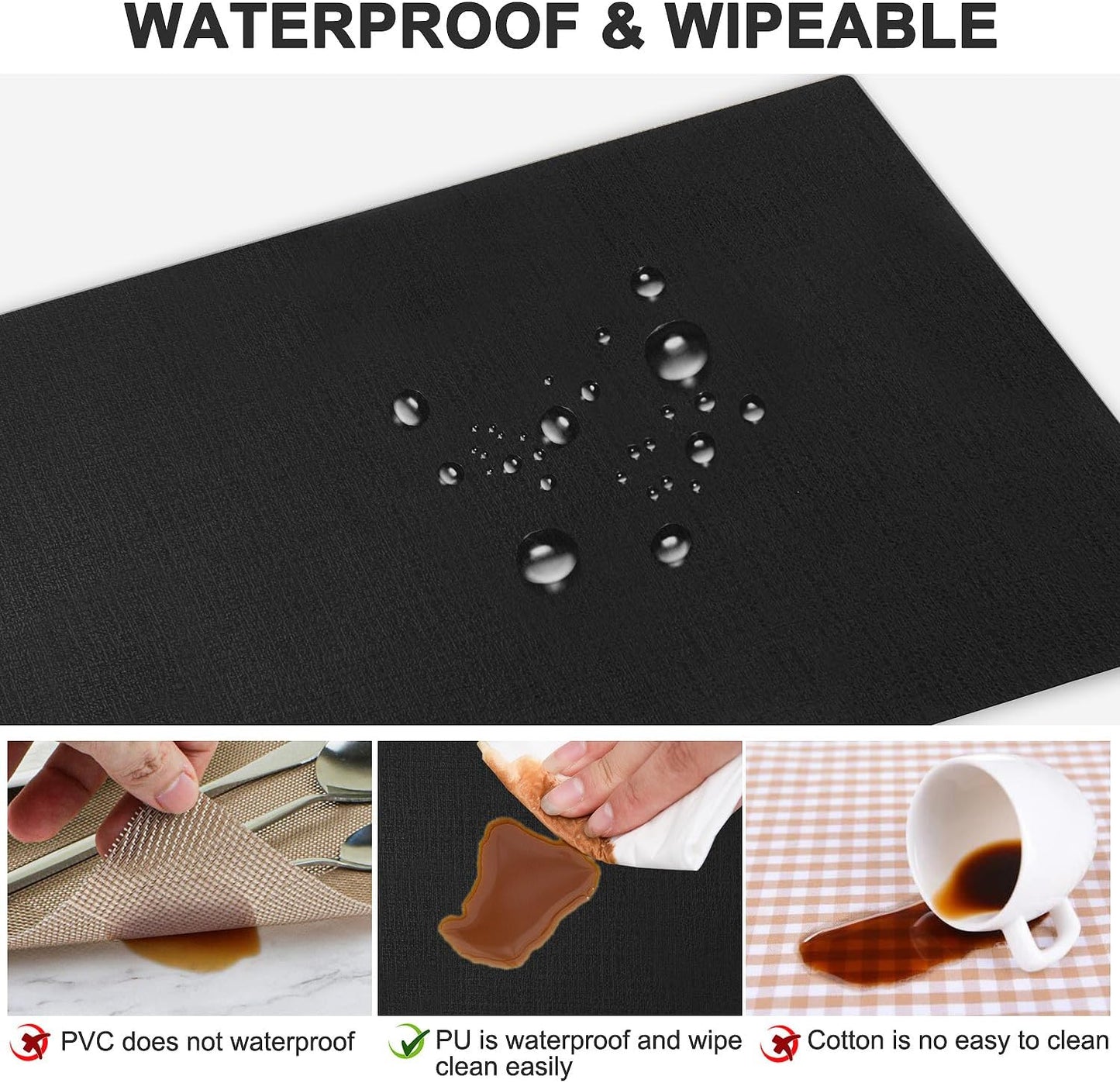 Leather Heat Resistant Placemats Set of 6 Waterproof Wipeable Washable PU Table Mats,Easy to Clean Anti-Slip (6, Black)