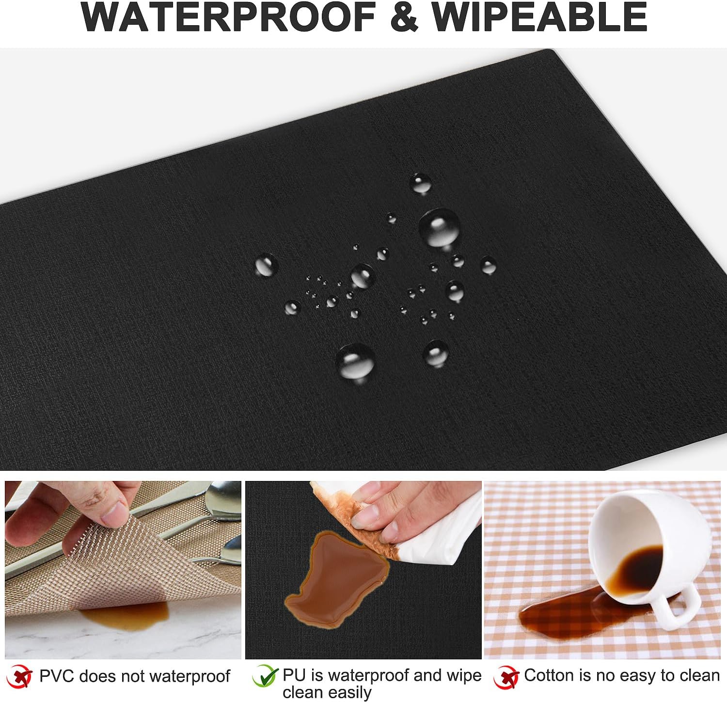 Leather Heat Resistant Placemats Set of 6 Waterproof Wipeable Washable PU Table Mats,Easy to Clean Anti-Slip (6, Black)