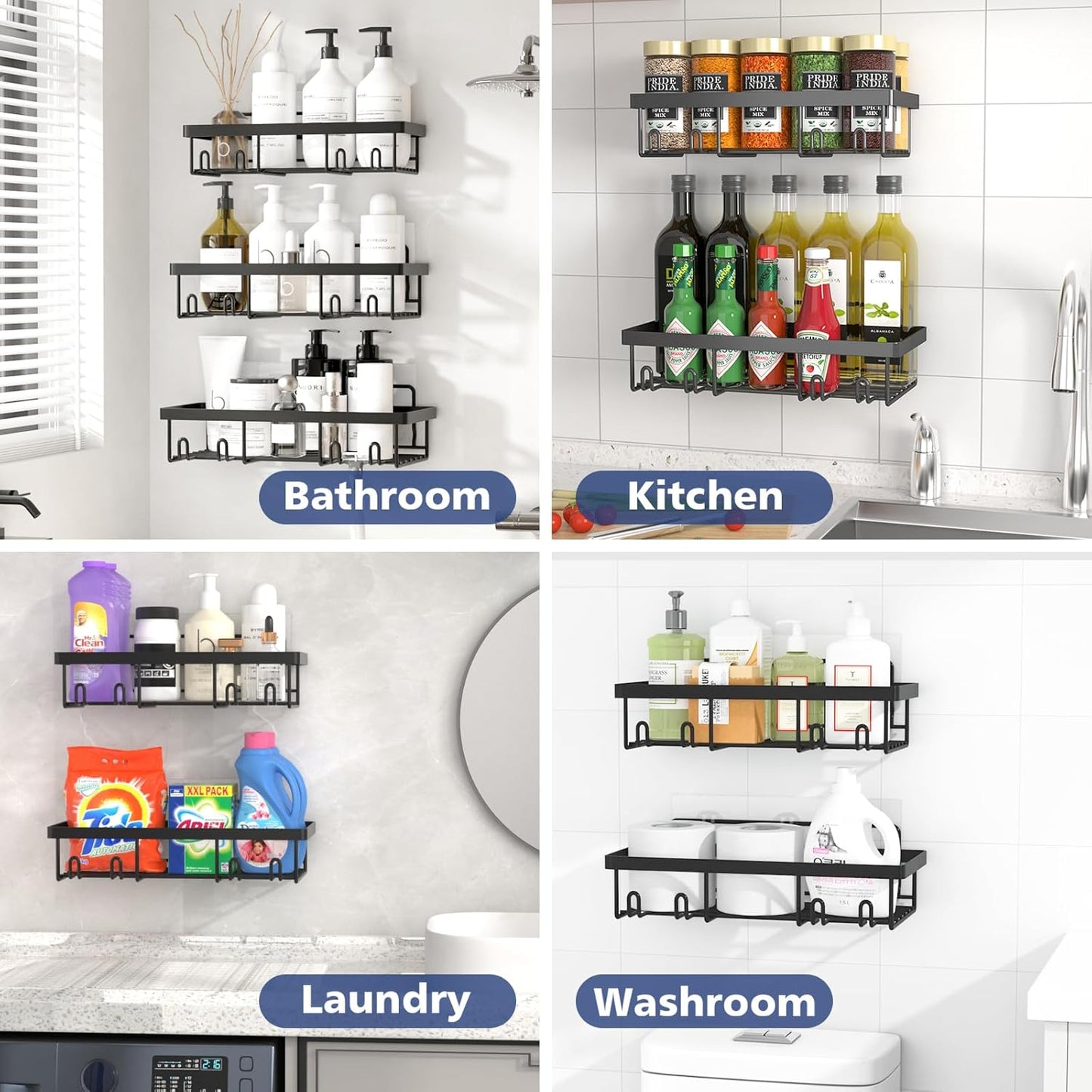 Adhesive Bathroom Wall Storage Basket Rustproof / Black / Set of 5