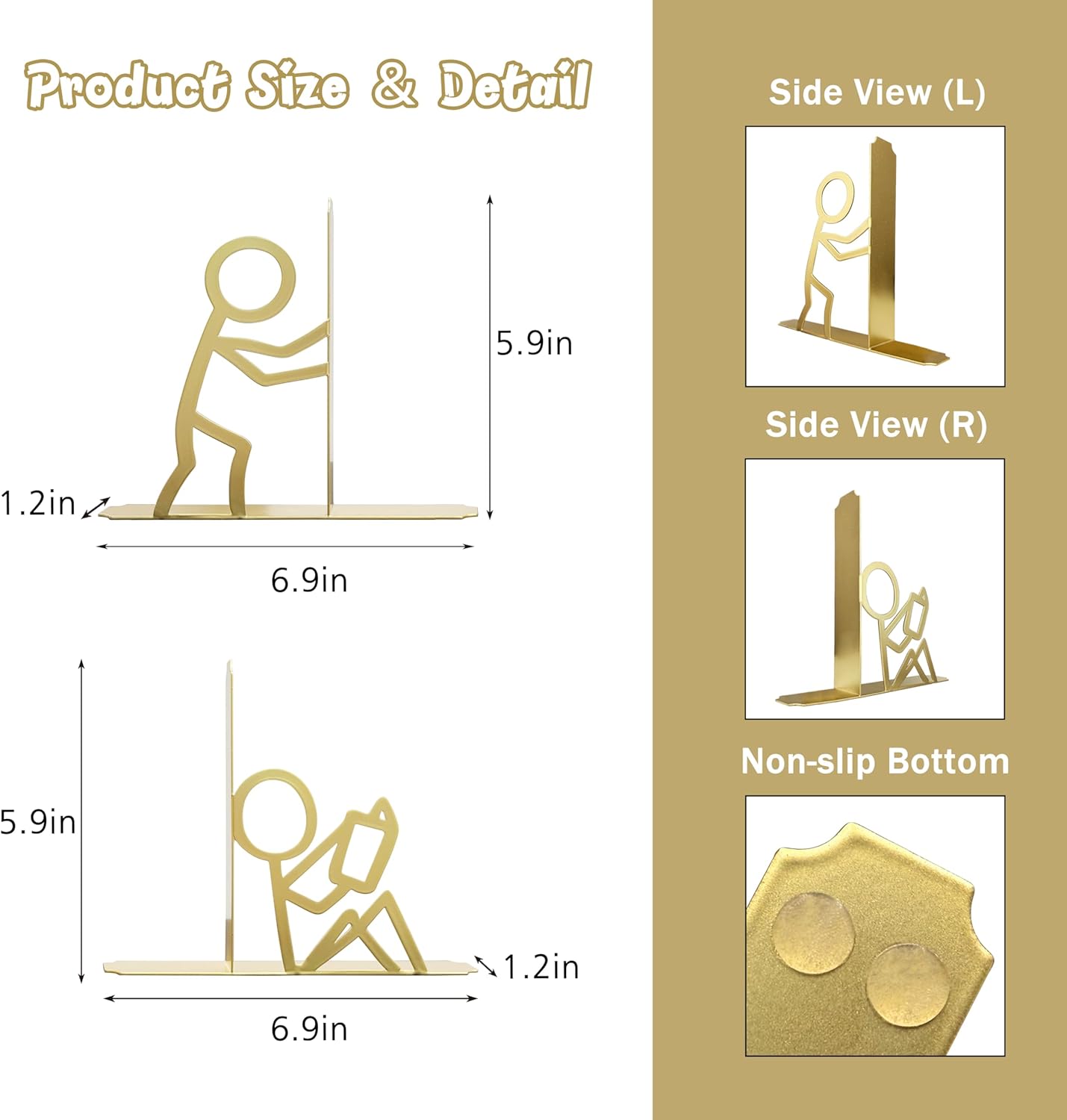 Metal Unique Office Desk Bookends Decorative Book Ends Reading Decor Bookshelf Decor / Gold