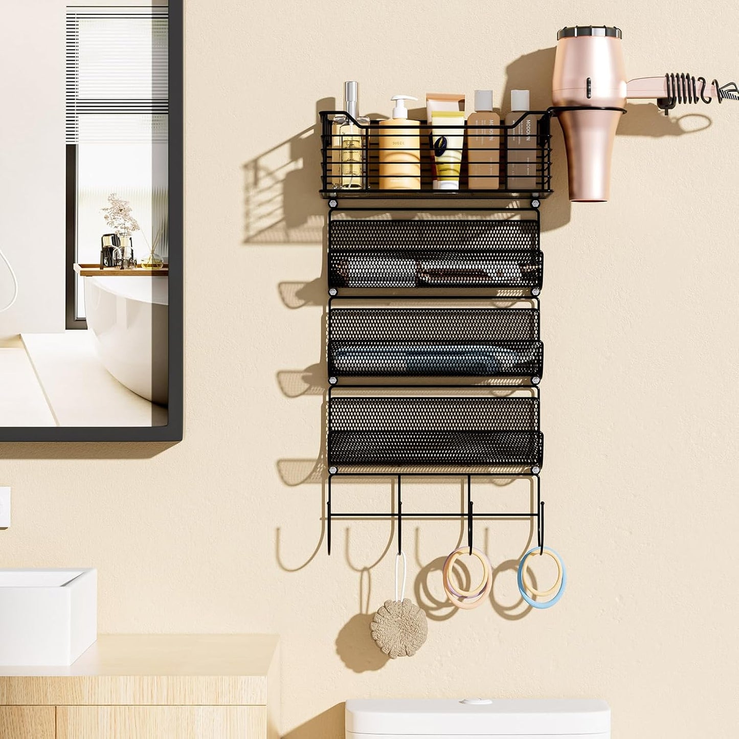 4 Tier Hair Tool Organizer Wall Mount, curling iron holder Basket, Black | Metal Mesh, Hair Dryer Holder, Bathroom Hair