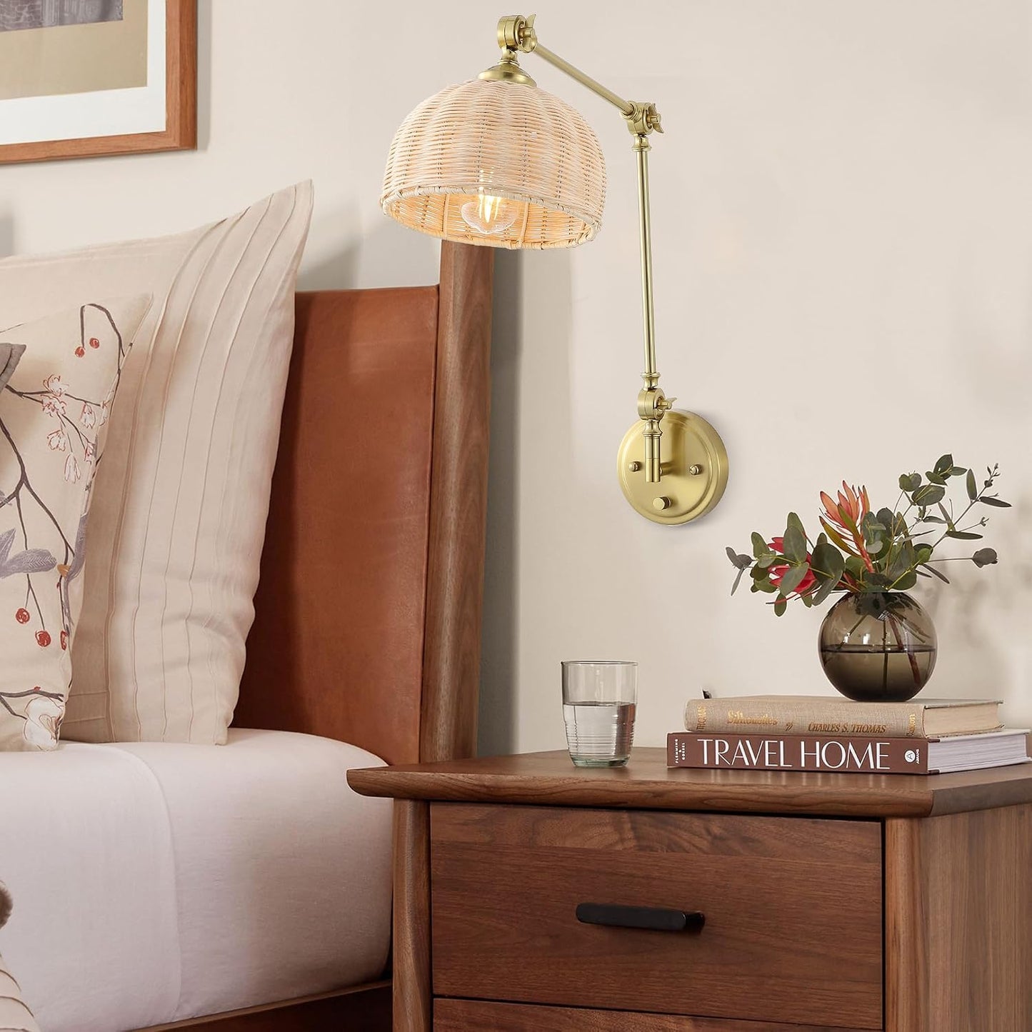 WINGBO Gold Wall Sconce Rattan Wrapped Wall Lamp Set of 2, Adjustable Swing Arm Wall Light Fixture Vintage Bedside