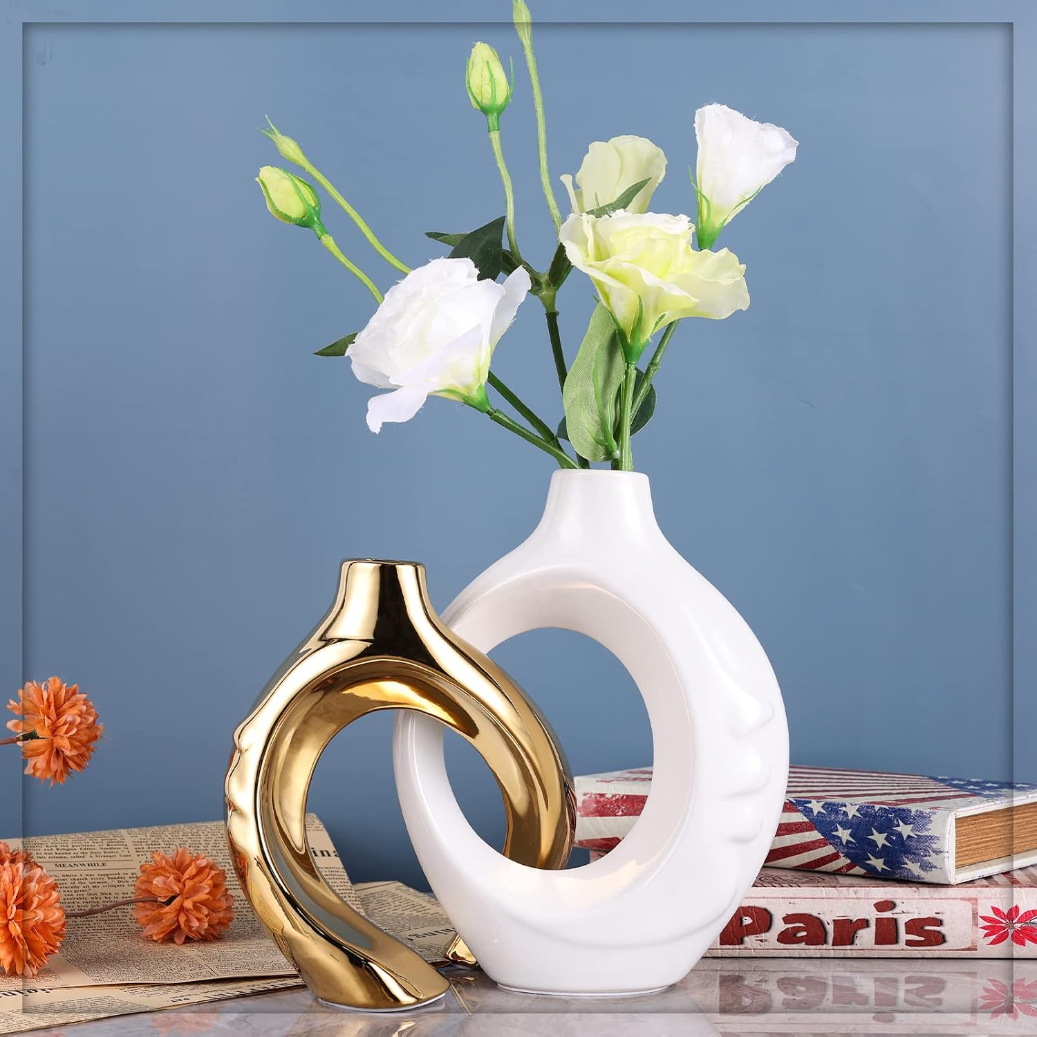 Ceramic Decorative Vase Home Decor / White Gold / Set of 2