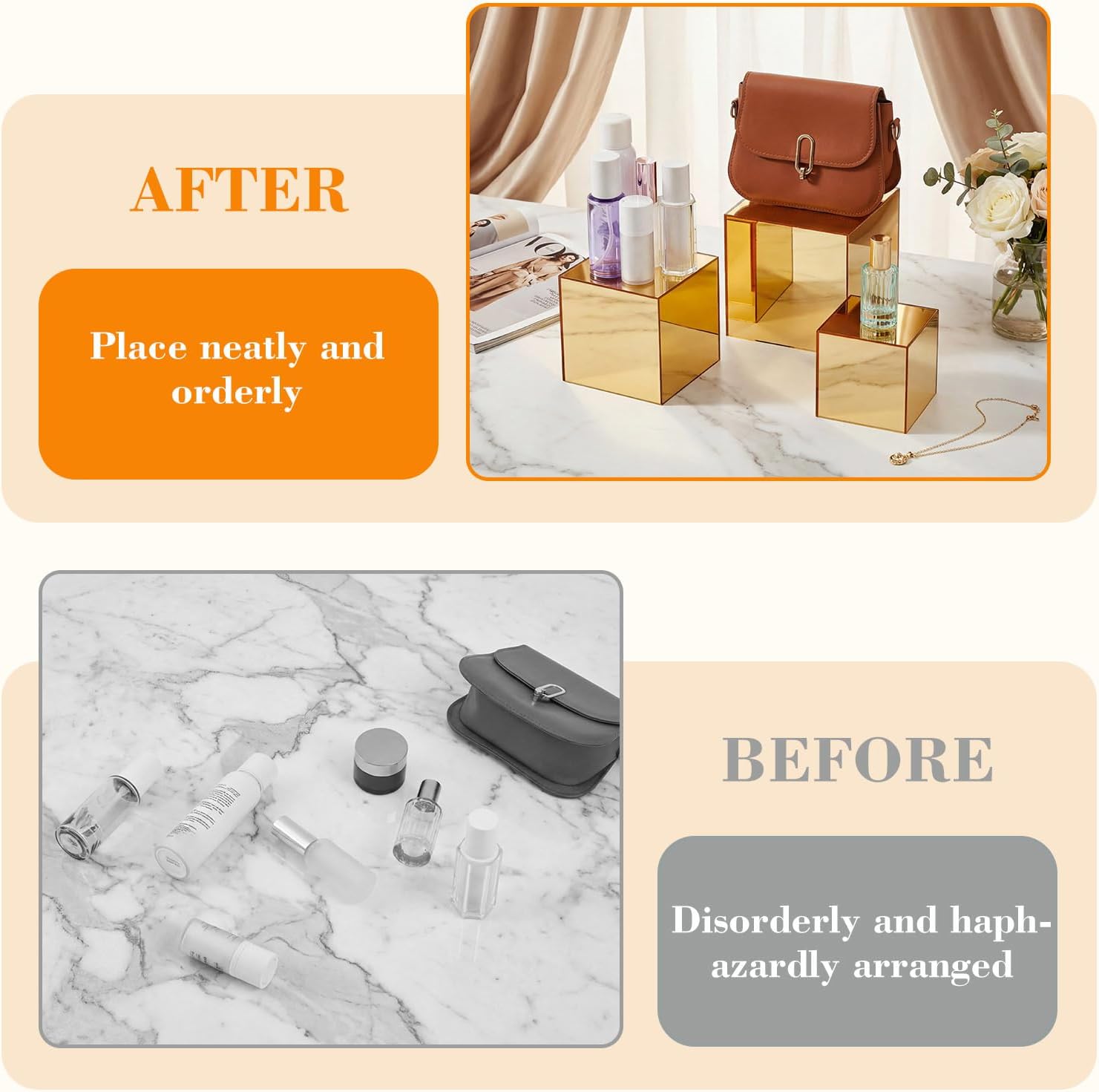Hollow Bottom Acrylic Cube Stand Boxes for Display / Gold Mirror / 3, 4, 5, 6, 6.5 Inch / Set of 5