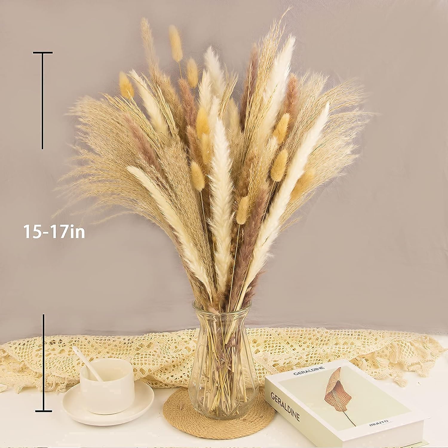 Reed Dried Grass and Bunny Tails Dried Flowers / Natural / Set of 65