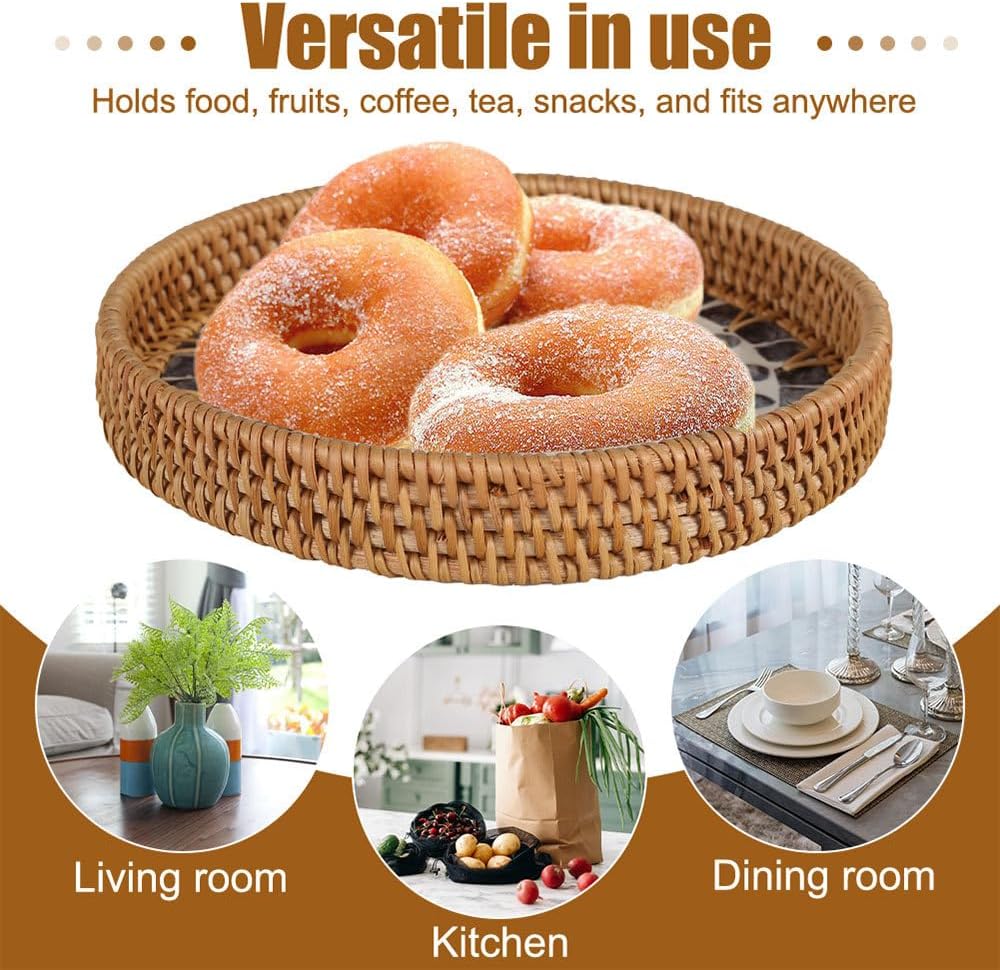 Round Rattan Tray / Mother of Pearl Inlay Aesthetic Wicker Jewelry Dishes for Snacks Fruits