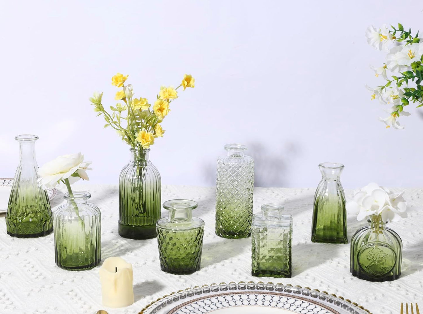 Glass Bud Vase Set / Green / Set of 12