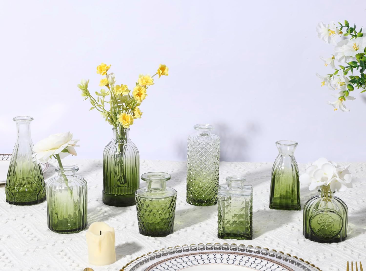Glass Bud Vase Set / Green / Set of 12