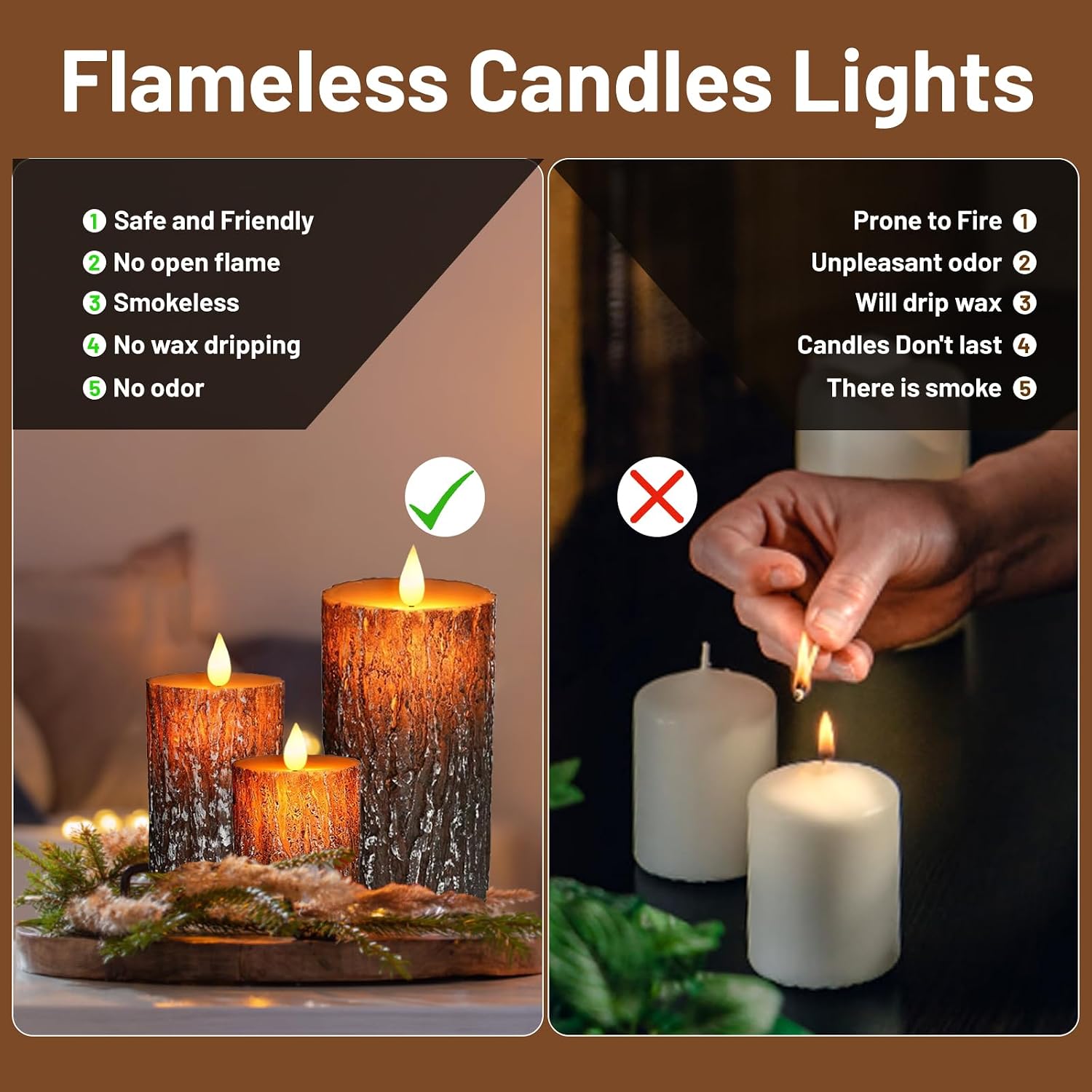 Pine Bark Flameless Candles Set of 3, Christmas Candles with Remote & Timer | Flickering Real Wax Pillar Candles