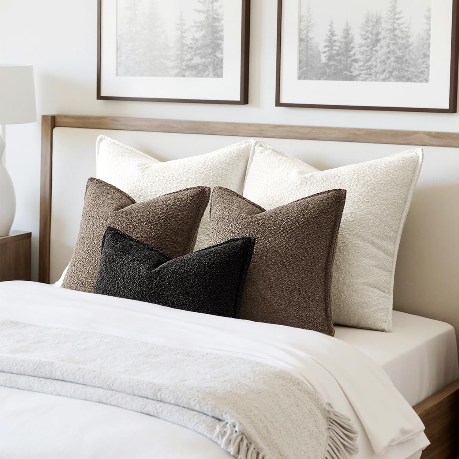 Decorative Textured Boucle Throw Pillow Covers Broadside Thick / 18 x 18 / Dark Brown / Set of 2
