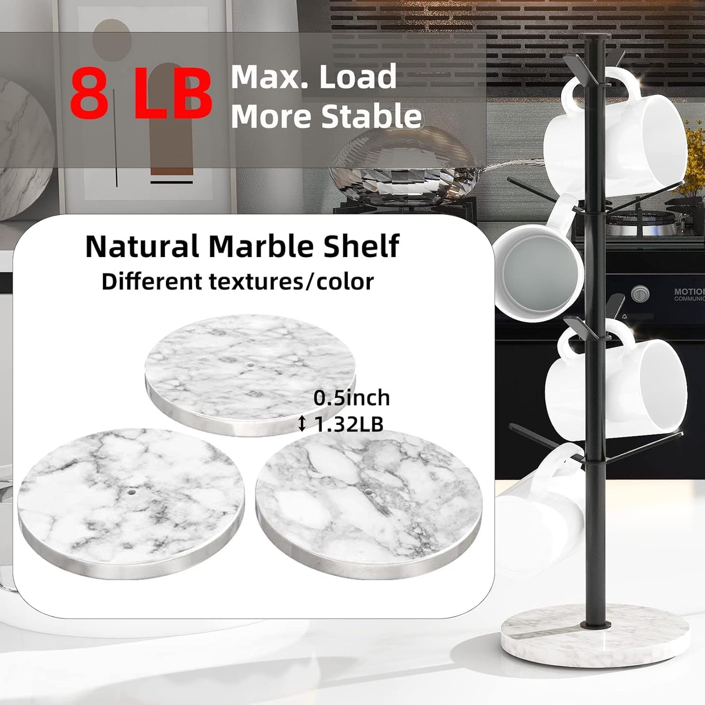 Gypie Marble Mug Holder Tree, 8 Hooks Small Coffee Cups Stand, Black | Mug Holder Stand, Small Mug Rack for Kitchen