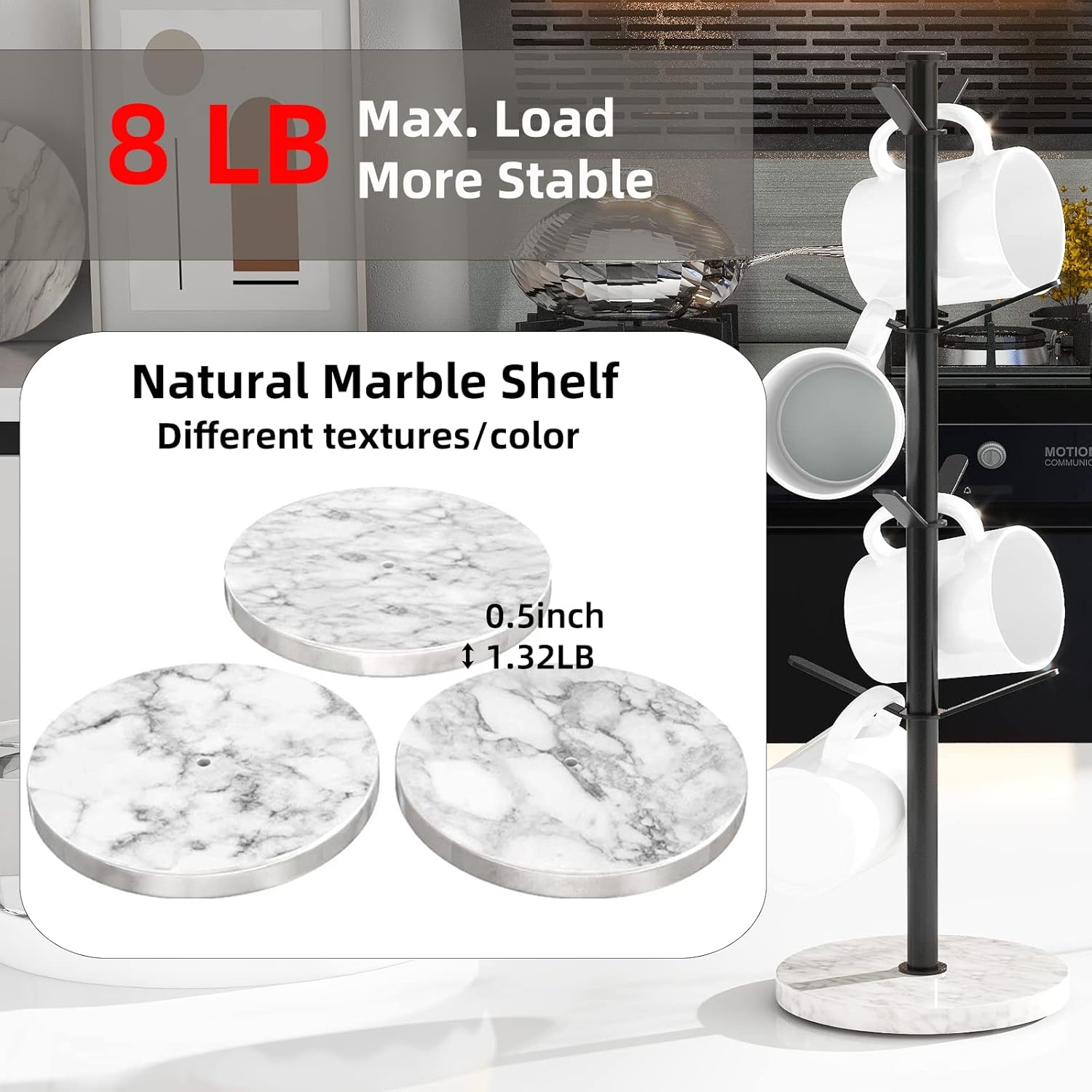 Gypie Marble Mug Holder Tree, 8 Hooks Small Coffee Cups Stand, Black | Mug Holder Stand, Small Mug Rack for Kitchen