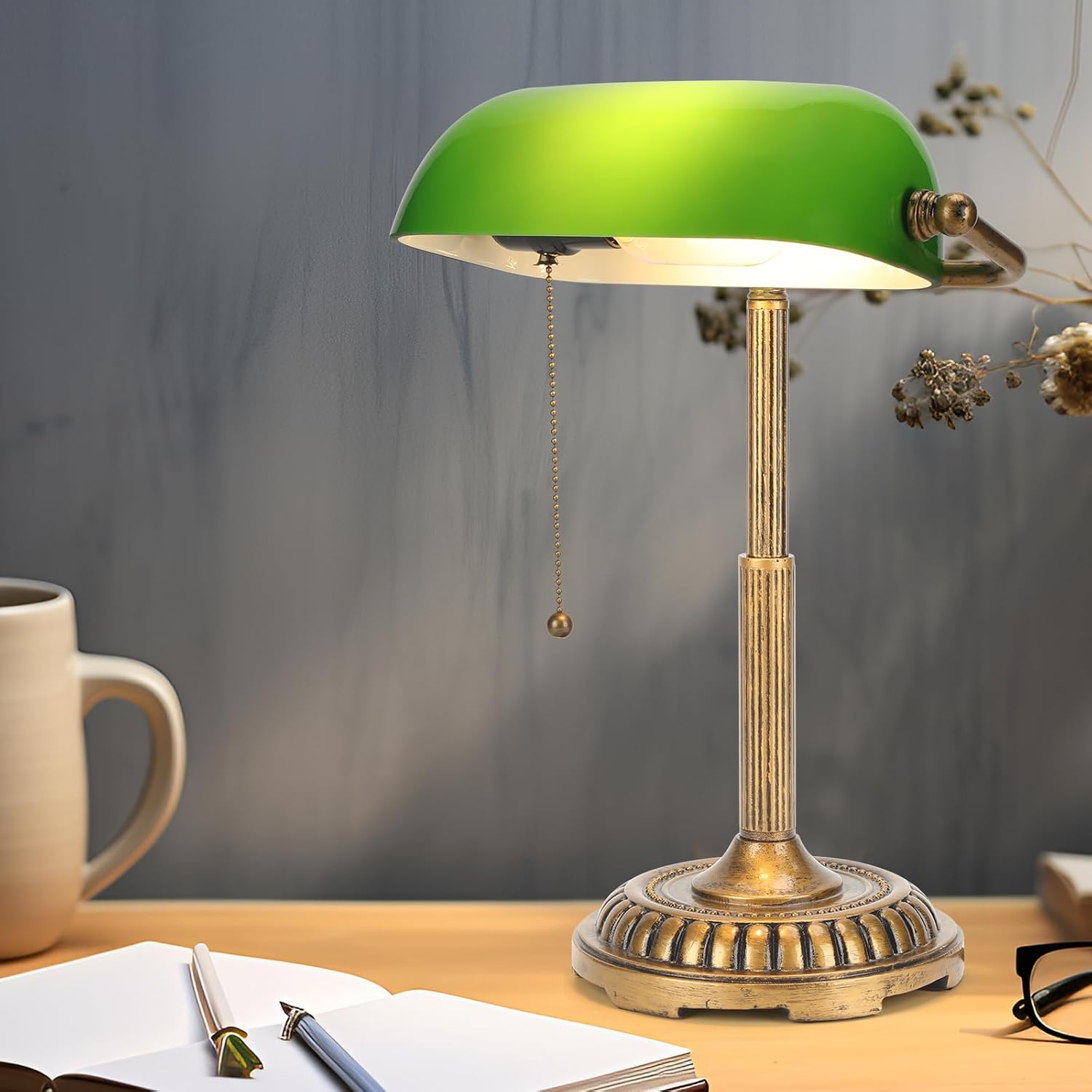 NISSAFORS Bankers Lamp, Green Desk Lamp with Pull Switch, Vintage Table Lamps for Home Office, Library, Piano (Green)