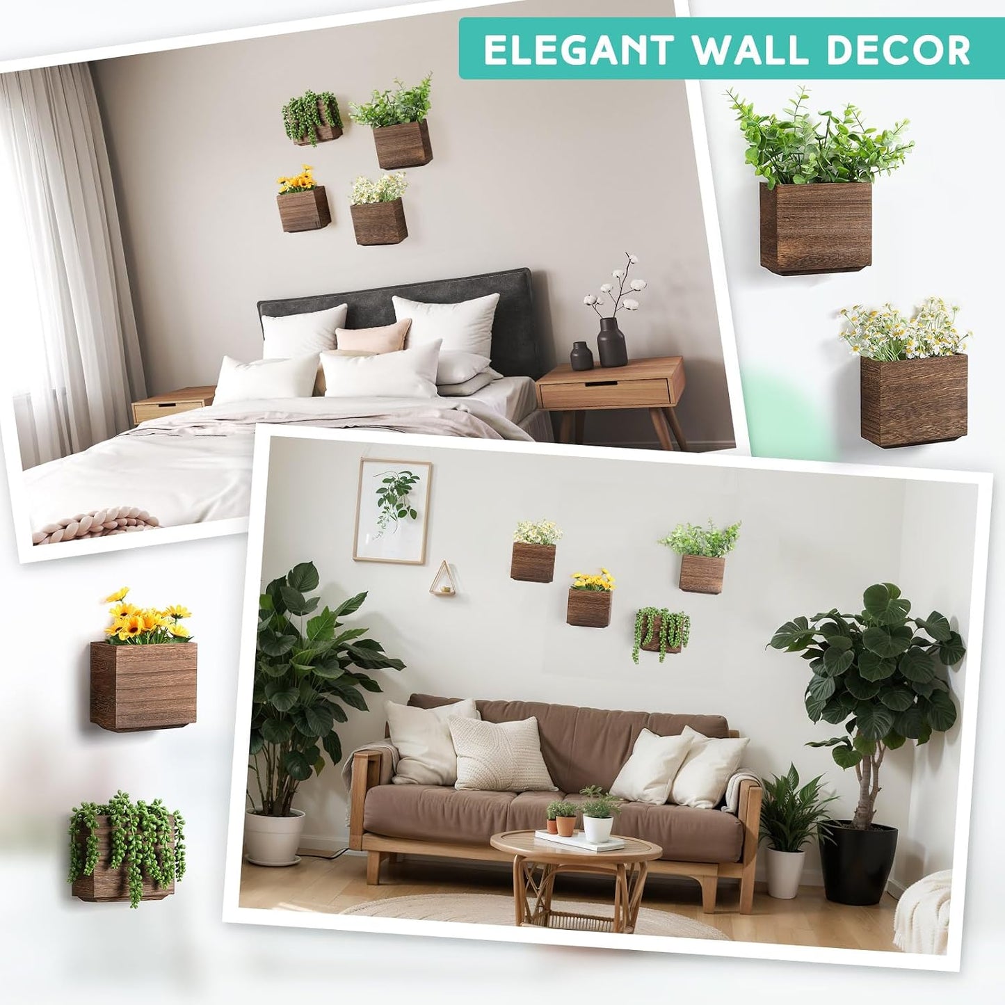 Wood Wall Planters Hanging Plant Pots Farmhouse Wall Hanging Decor / Natural / 5.5 x 5 / Set of 4
