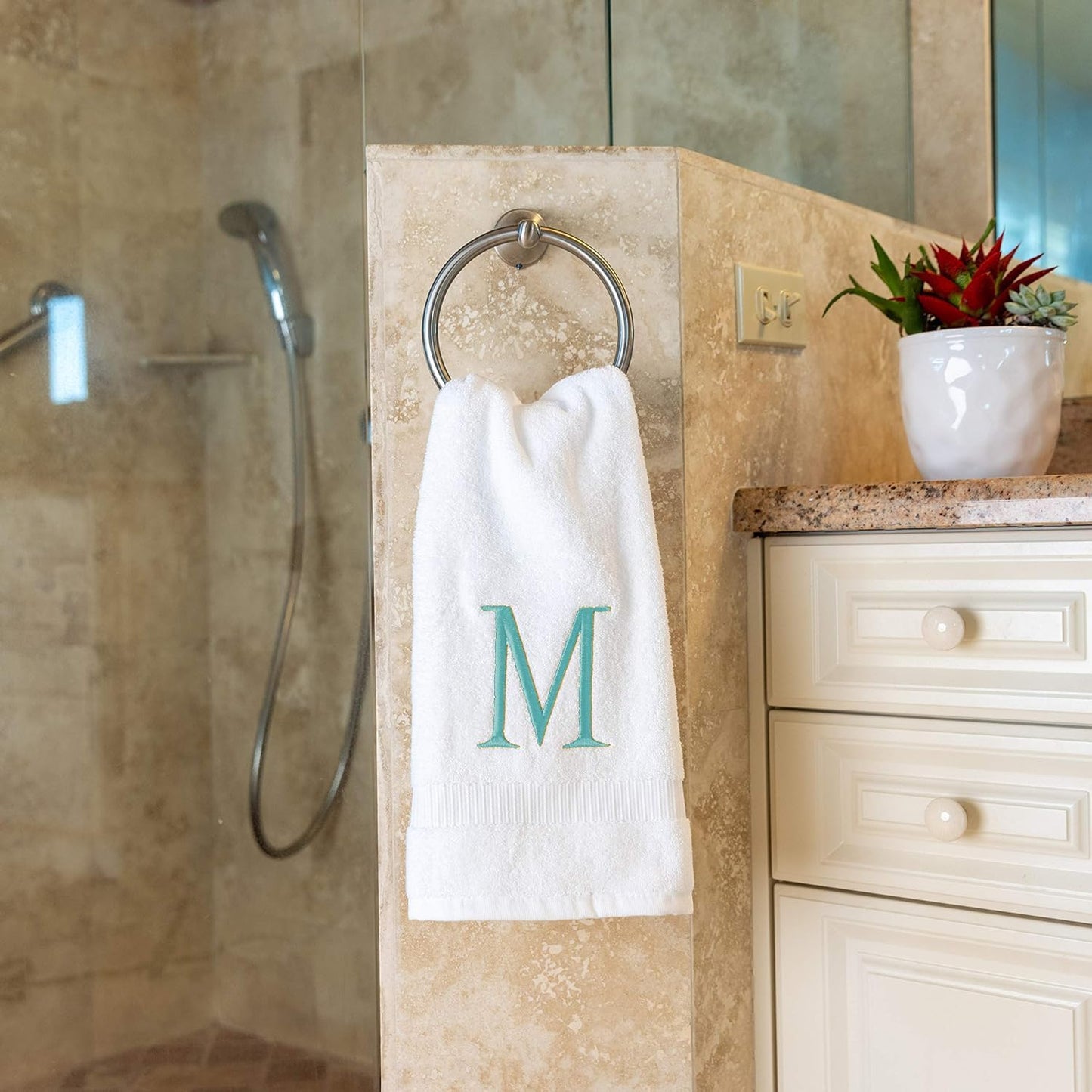 White with Teal Monogrammed Hand Towels for Bathroom - Set of 2 Letter M | Luxury Hotel Quality Initial Towels For