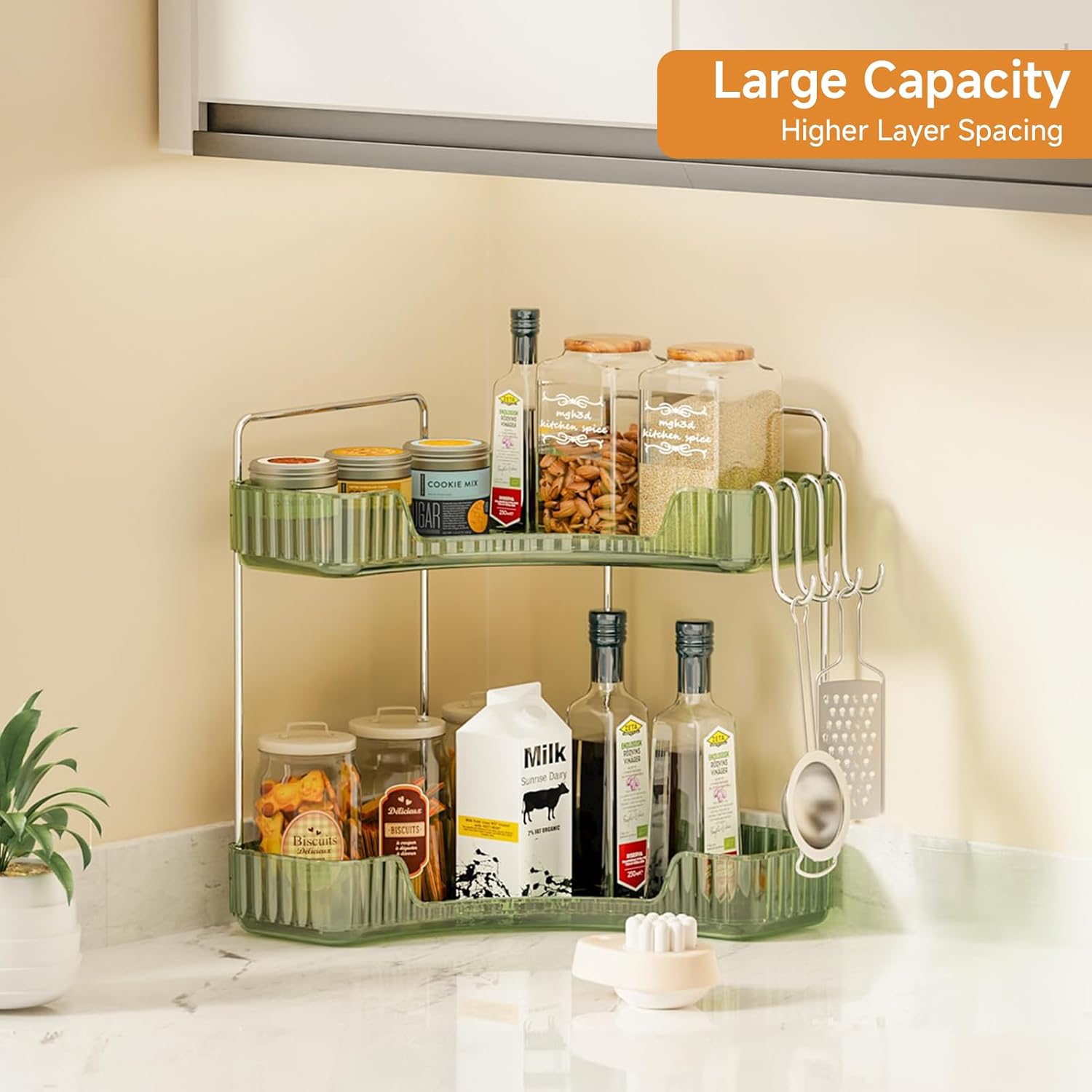 Corner Counter Organizer, 2-Tier Bathroom & Kitchen Storage Tray | PET Green Vanity Organizer Storage Countertop with