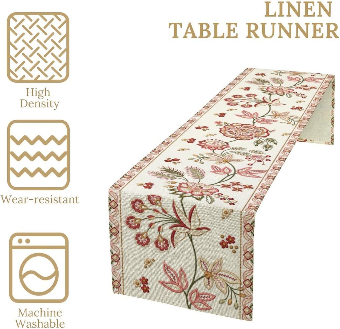 Rustic Floral Table Runner, Ethnic Style Leaf Floral Art Design Patterns Printed Linen Table Runner for Home Kitchen