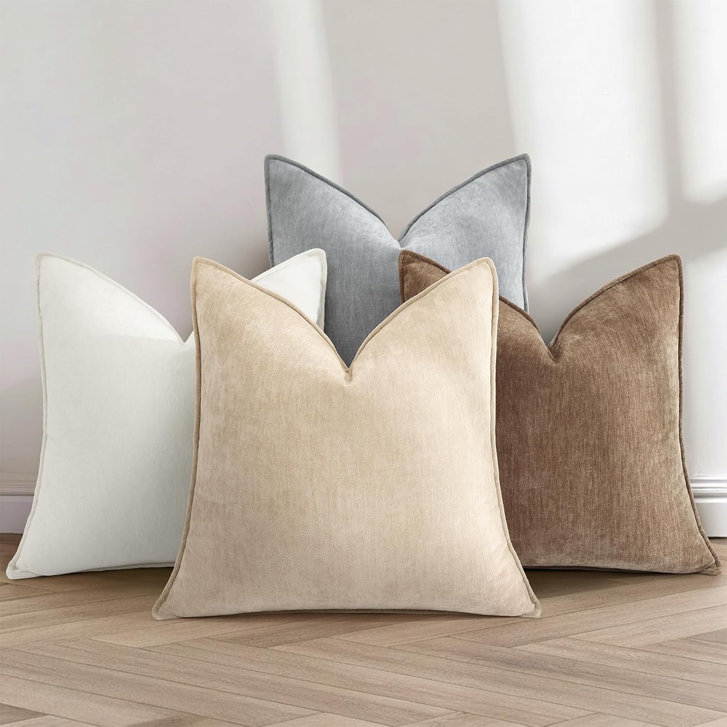 Decorative Soft Velvet Modern Chenille Pillow Cases / Natural Beige / 18 x 18 / Set of 2