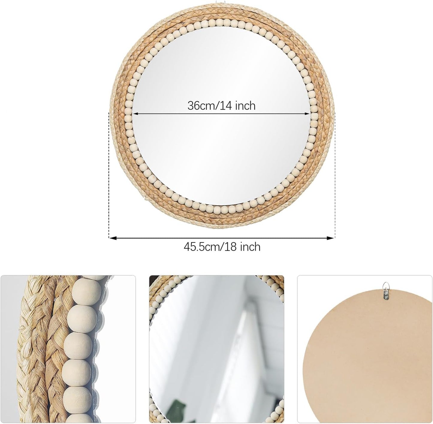 Boho Round Hanging Wall Mirror Decorative Rattan Circle Mirrors / 18 Inch Wood / 18 Inch