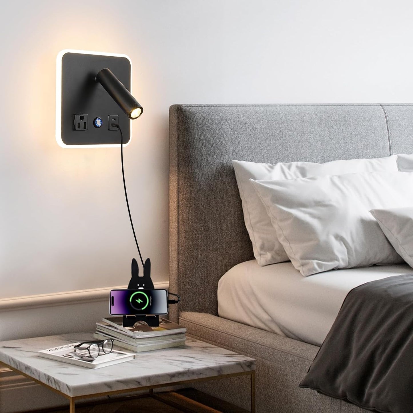 Dimmable LED Wall Reading Lamp with USB-A/USB-C Ports, 3000K, Black | Separate reading and ambient backlight controls