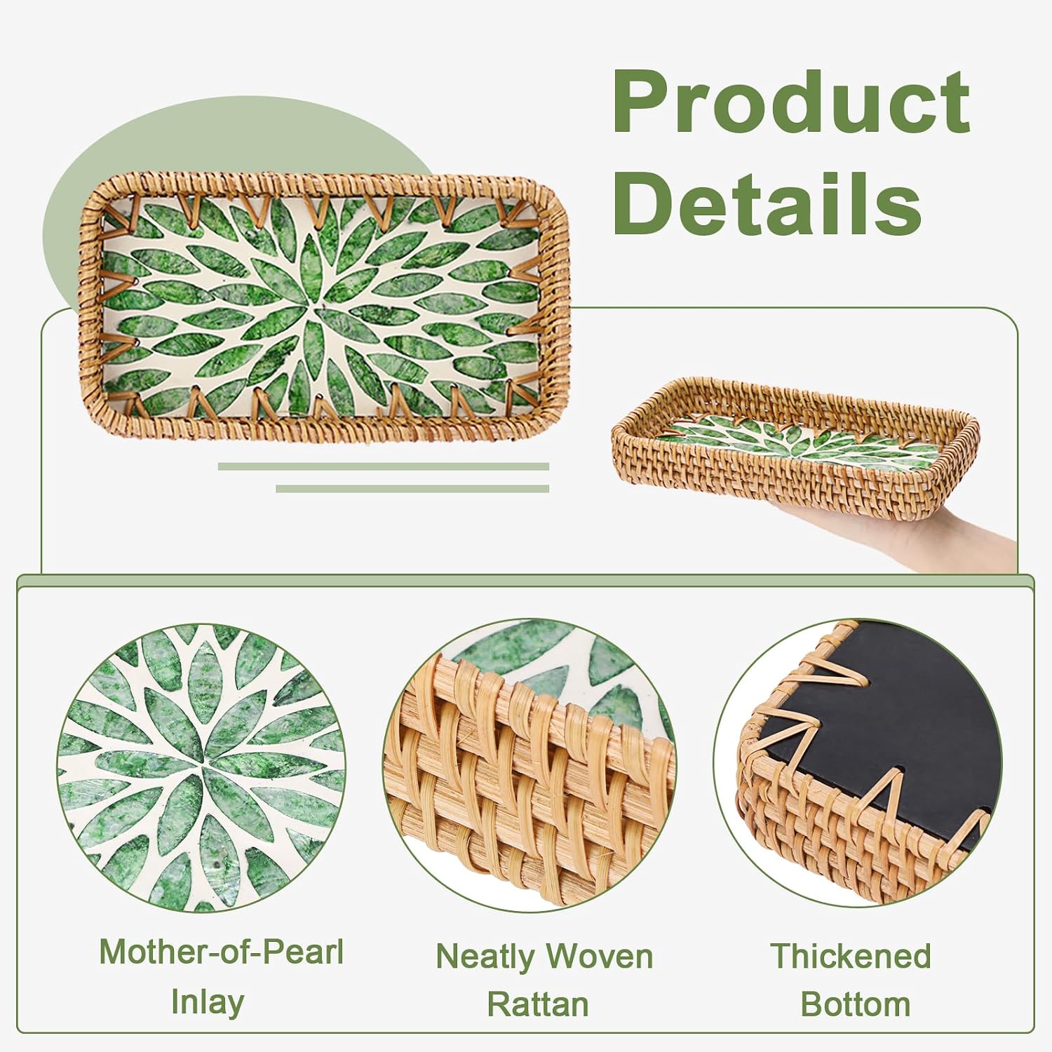 Decorative Key Basket Tray fot Entryway Table Woven Rattan Tray / 8.3 x 4.3 x 1.6 / Green