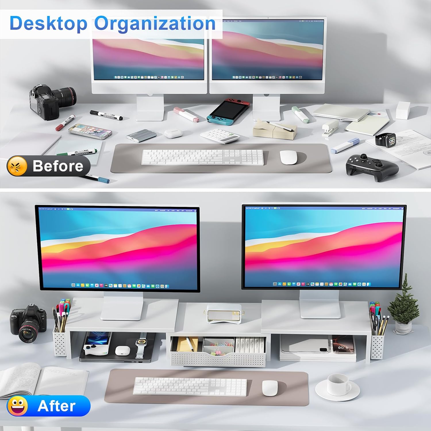 gianotter Dual Monitor Stand Riser With Drawer and 2 Pen Holders | Computer Monitor Stand Desk Organizer and