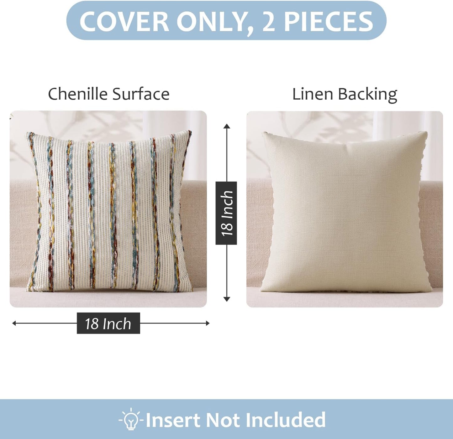 Boho Woven Chenille Pillow Covers Soft Textured Decorative / Blue Stripe / 18 x 18 / Set of 2