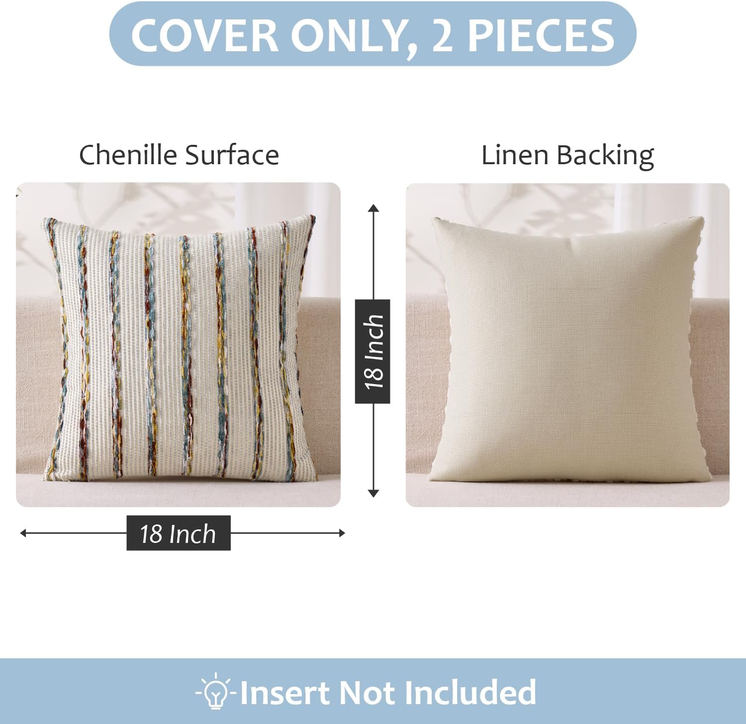 Boho Woven Chenille Pillow Covers Soft Textured Decorative / Blue Stripe / 18 x 18 / Set of 2