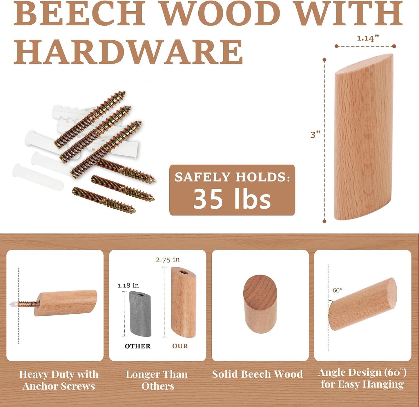 6 Wood Hooks / Beech Wood / Natural / Set of 6