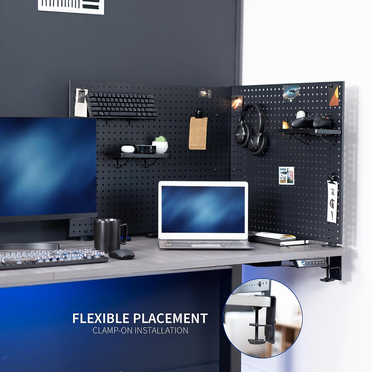 VIVO Black Clamp-on 60 x 24 inch Desk Pegboard, PP-DK30B-2 | Steel Privacy Panel, Magnetic Peg Board, Office Accessory