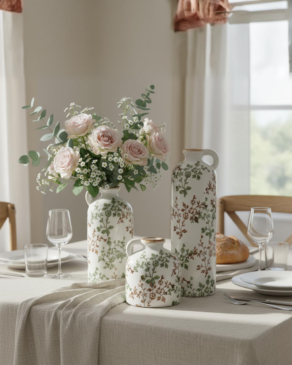 3-Piece Ceramic Jug Vase Set / Green & Brown02