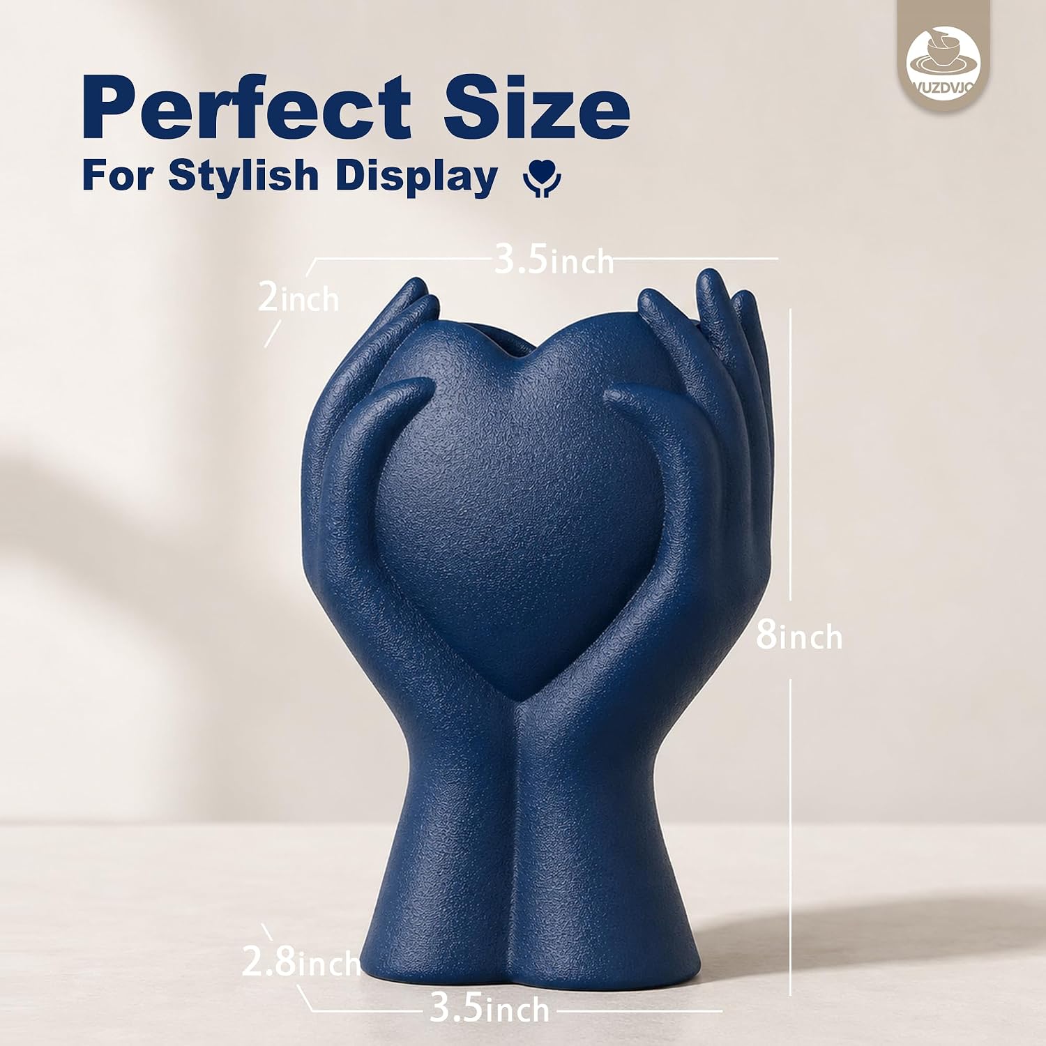 8" Heart Hand Navy Ceramic Vase / Blue