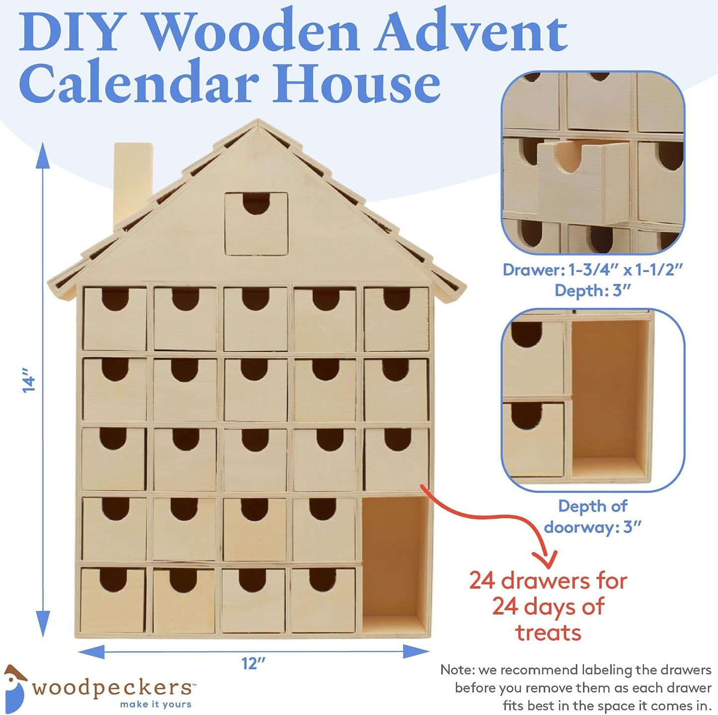 DIY Wooden Advent Calendar House 14 x 12 Inch, Pack of 1 Christmas Advent Calendar With 24 Empty Drawers for Crafts, by