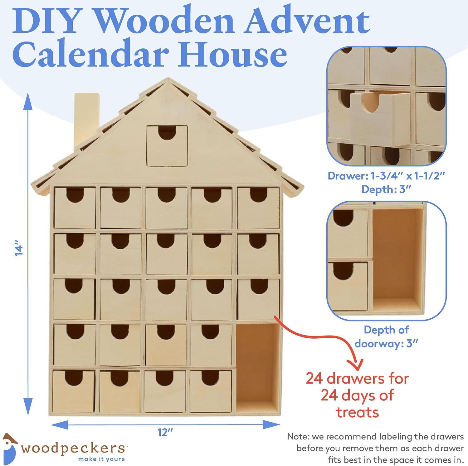 Advent Calendar 2024, Wooden Advent Calendars, House Shaped 14 Inch x 12 Inch, Pack of 2 Christmas Advent Calendar 2024